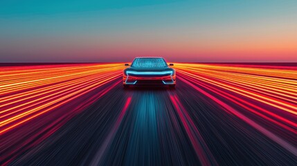 Naklejka premium Futuristic Car with Light Trails on Dark Highway Road