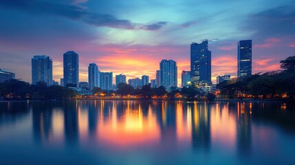 Fototapeta premium City Skyline Reflected in Still Water at Sunset