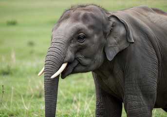 Fototapeta premium Adorable Baby Elephant in Lush Green Grass – Wildlife Photography