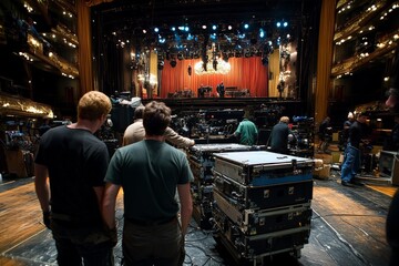 Crew prepares for a live performance at a theater with stage equipment and a vibrant curtain backdrop