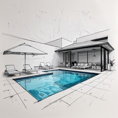 Pool lounge area art black and white flat design simple line hand drawing on plain white background