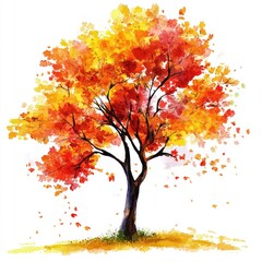 Fototapeta premium Watercolor Painting of Autumn Tree with Falling Leaves