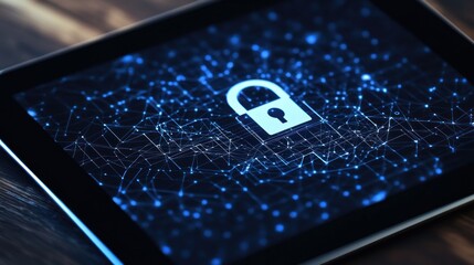 Digital Lock Icon on Tablet with Blue Network Design