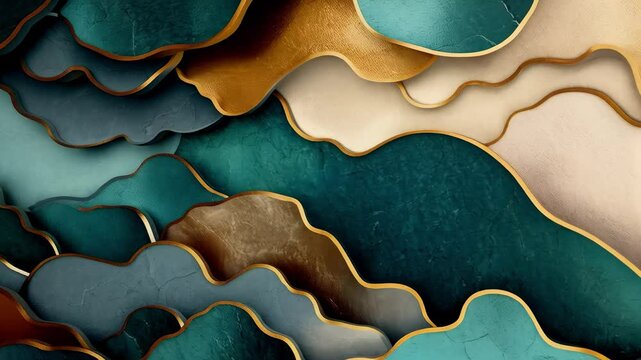 Abstract Geometric Background with Wavy Layers of Blue, Green, and Gold Colors in a Modern Design for Digital Art, Textures, and Branding Projects