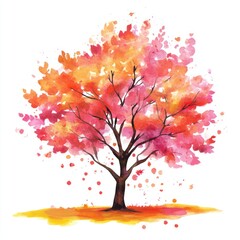 Watercolor Painting of Autumn Tree with Falling Leaves