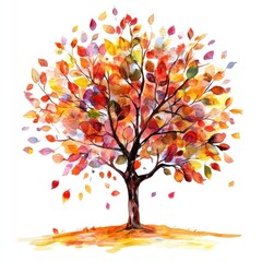 Watercolor Painting of an Autumn Tree with Falling Leaves
