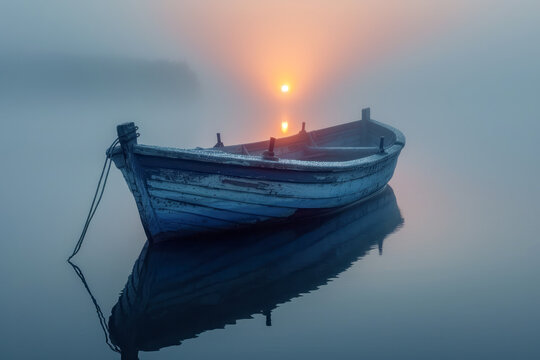 Wooden boat floating on misty lake at sunrise