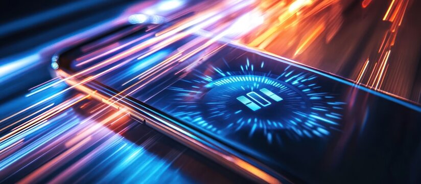 Smartphone with Loading Icon and Abstract Light Streaks