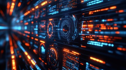 Futuristic digital data streams, server room background, technology concept