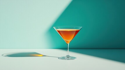 Glass of Orange Cocktail with Shadow on a Teal and White Background