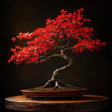 A vibrant red maple bonsai tree in a brown pot
