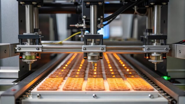 Automated robotic arms printing on food products on a conveyor belt inside a modern food factory, showcasing advanced food processing technology