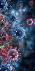 Obraz premium An intricate digital illustration showcasing various virus structures in vibrant colors, highlighting the complexity and diversity of viral forms in a captivating, microscopic perspective.