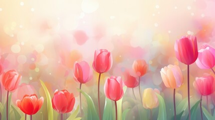 Colorful Tulips in a Soft Focus Background for Spring Inspired Wallpaper or Holiday Artwork in Watercolor Style