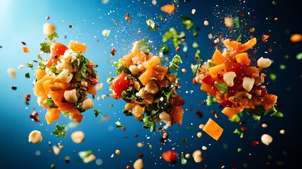 Food ingredients flying in the air representing culinary trends and creative cooking techniques