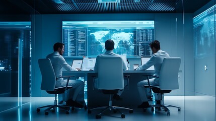 Business meeting among people in a high-tech environment modern office collaborative workspace with data analytics