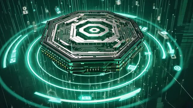 A floating quantum cloud server with particle-like energy waves flowing around it, symbolizing high-speed quantum computing decentralized data processing. abstract circuits blockchain nodes