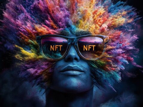 A striking visual representation of NFTs, showcasing a colorful explosion around a figure's head, symbolizing creativity, innovation, and the digital art movement that is reshaping our world.