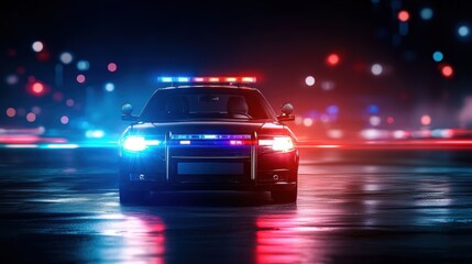 A striking nighttime scene captures a police car illuminated by vibrant red and blue lights, reflecting the intense atmosphere of law enforcement and public safety under dark skies.
