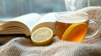 A cup of tea with a lemon slice in it sits on a blanket next to an open book