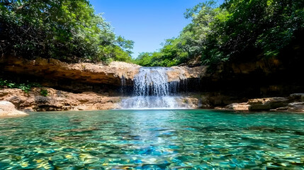 Tropical waterfall cascading into clear pool, lush greenery background, perfect for travel brochures