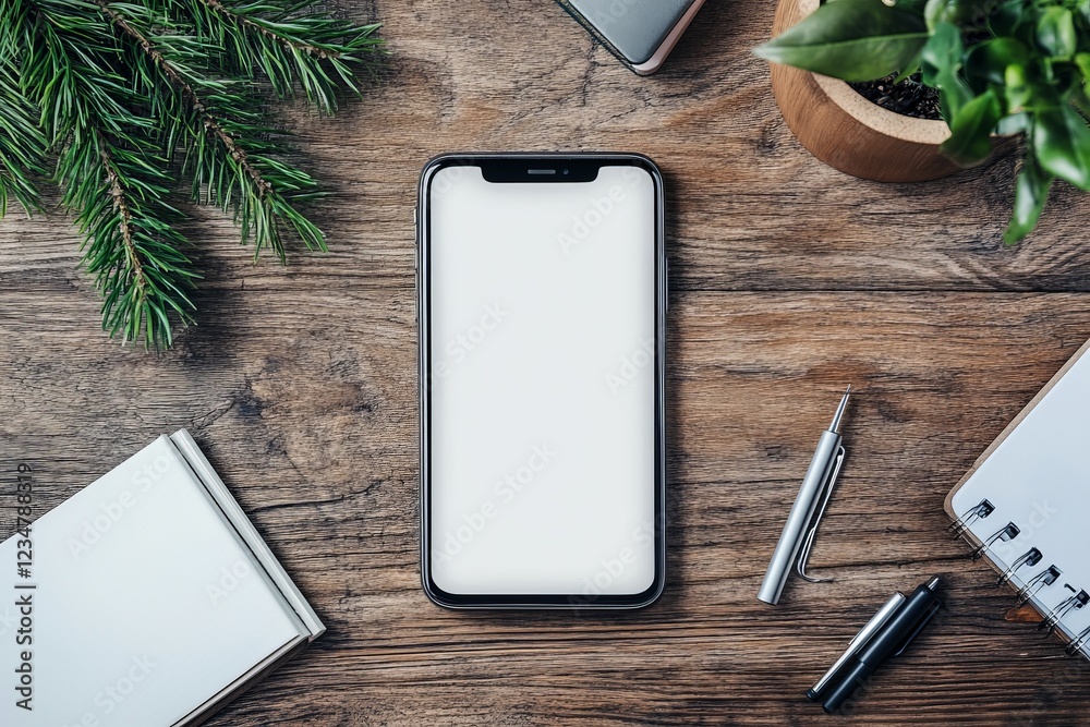 Poster minimalist workspace with smartphone and stationery on wooden table surrounded by greenery