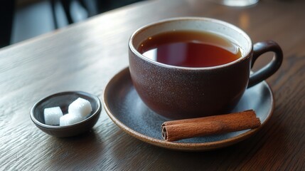 A cup of tea with a cinnamon stick and sugar on a wooden table