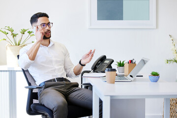 Phone call, laptop and businessman in office for contact, communication or b2b discussion....