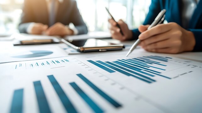 Business meeting analysis office data review collaborative environment close-up view people engaged in work - Powered by Adobe