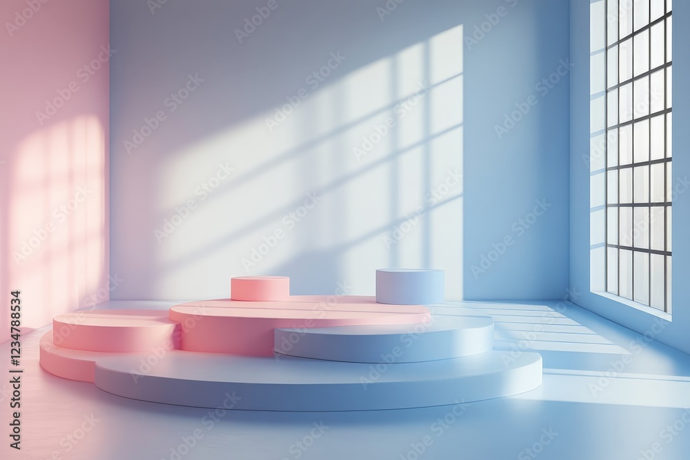 Poster modern minimalistic studio space with colorful podiums illuminated by soft sunlight in pastel hues