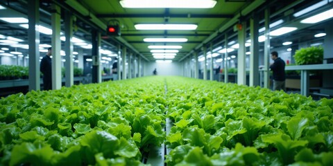 Hydroponic Greens: A Lush Indoor Farm. Rows of vibrant lettuce thrive under controlled conditions, promising fresh produce.