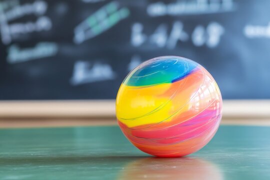 Colorful plastic ball on classroom desk with chalkboard background
