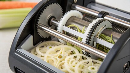 Fototapeta premium Modern food processor slicing potatoes and celery into thin slices and julienne strips, preparing ingredients for innovative food printing techniques