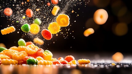 Colorful candies falling in the air above a variety of gourmet snacks on a table