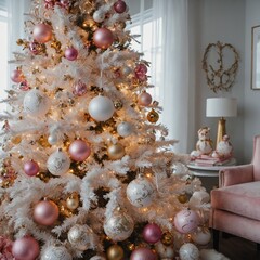 A white Christmas tree decorated with pink and gold ornaments.