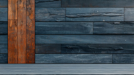 Dark wood and stone wall background, empty table