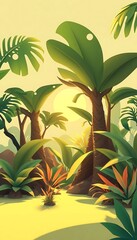 Lush Tropical Scene at Sunrise Palm Trees and Foliage