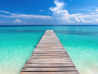 Fototapeta premium A stunning wooden pier extends into crystal-clear turquoise waters under a bright blue sky, creating a tranquil atmosphere perfect for relaxation and contemplation.