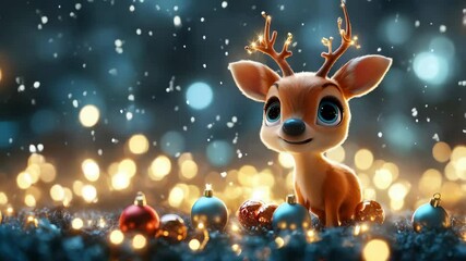 Enchanting baby reindeer amidst glowing ornaments and falling snowflakes