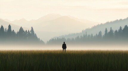 Solitary figure in misty field, mountains background.