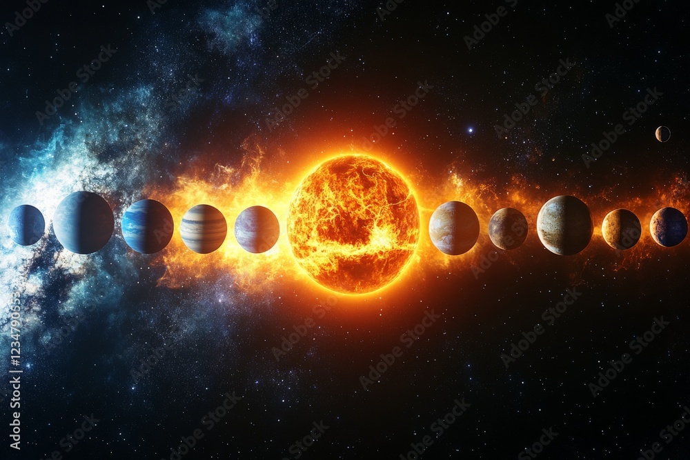 Aufkleber planets orbiting a bright sun in a vast starry space with colorful nebulas and cosmic dust