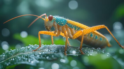 Close-up of a vibrant, yellow and blue insect perched on a dew-covered leaf