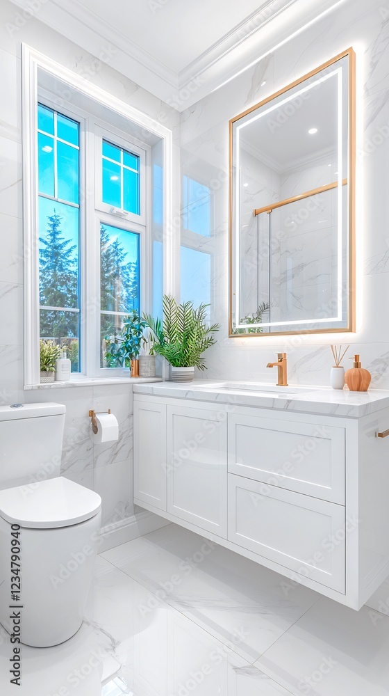 Sticker Modern bathroom interior featuring a stylish sink, mirror, and window with greenery outside