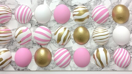 Fototapeta premium Decorative Easter Eggs in Pink, White, and Gold Patterns on Marble
