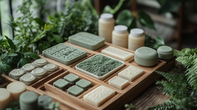 Handmade herbal soaps artfully arranged on a wooden tray amidst fresh foliage