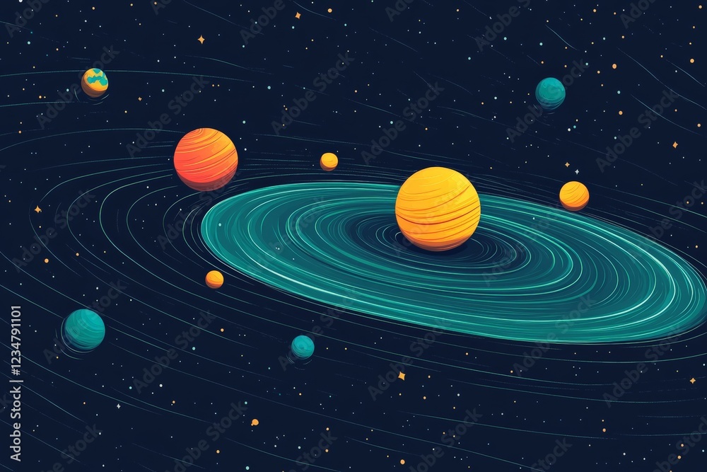 Poster solar system depicted in vibrant colors with planets and rings orbiting around a central star in a c