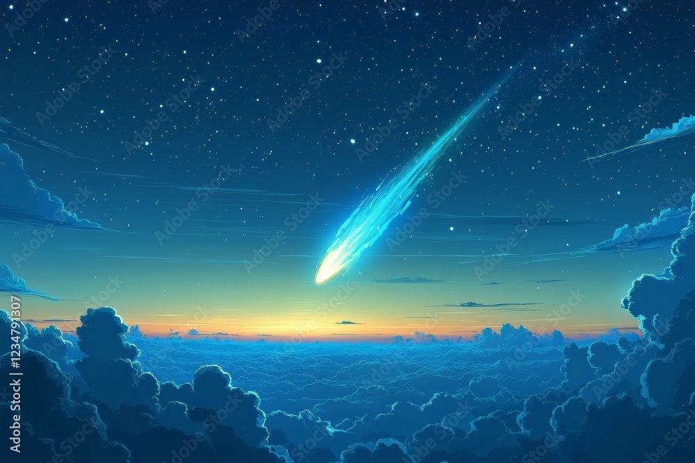 Poster bright comet streaks through twilight sky over serene clouds at dusk