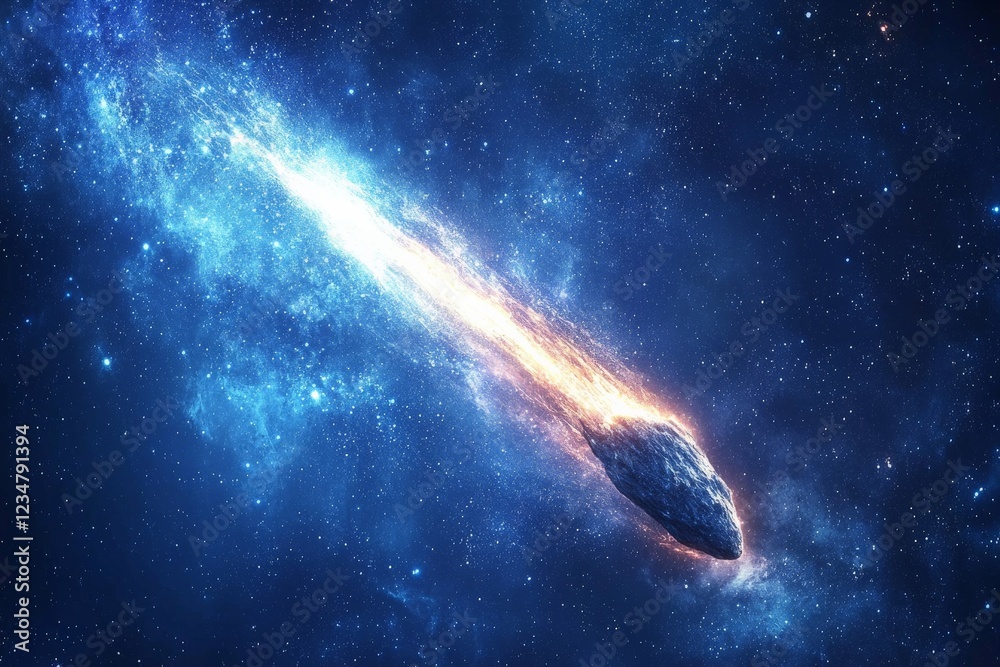 Poster dramatic cosmic event with a glowing comet streaking through the dark expanse of space leaving a fie