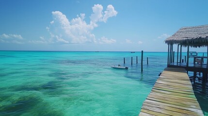 Fototapeta premium Wooden pier by tropical turquoise sea under clear blue sky