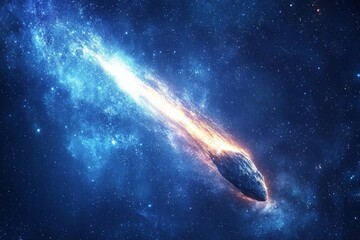 Dramatic cosmic event with a glowing comet streaking through the dark expanse of space leaving a fiery trail